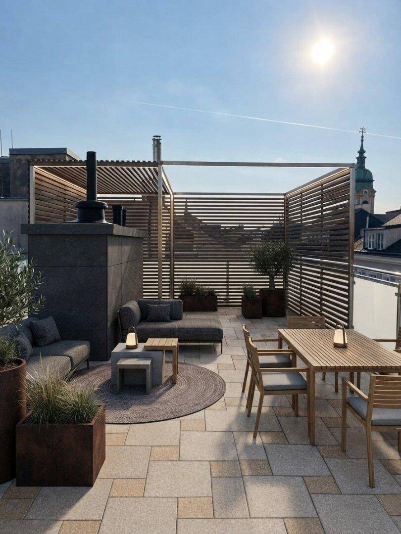Stilvolle Dachterrasse mit Holzlamellen, Lounge- und Essbereich sowie Stadtblick.