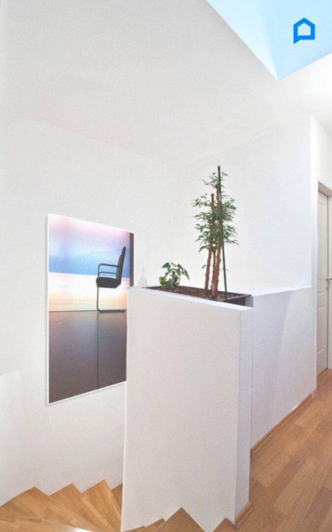 Heller Treppenaufgang mit Holzstufen und dekorativer Pflanze.