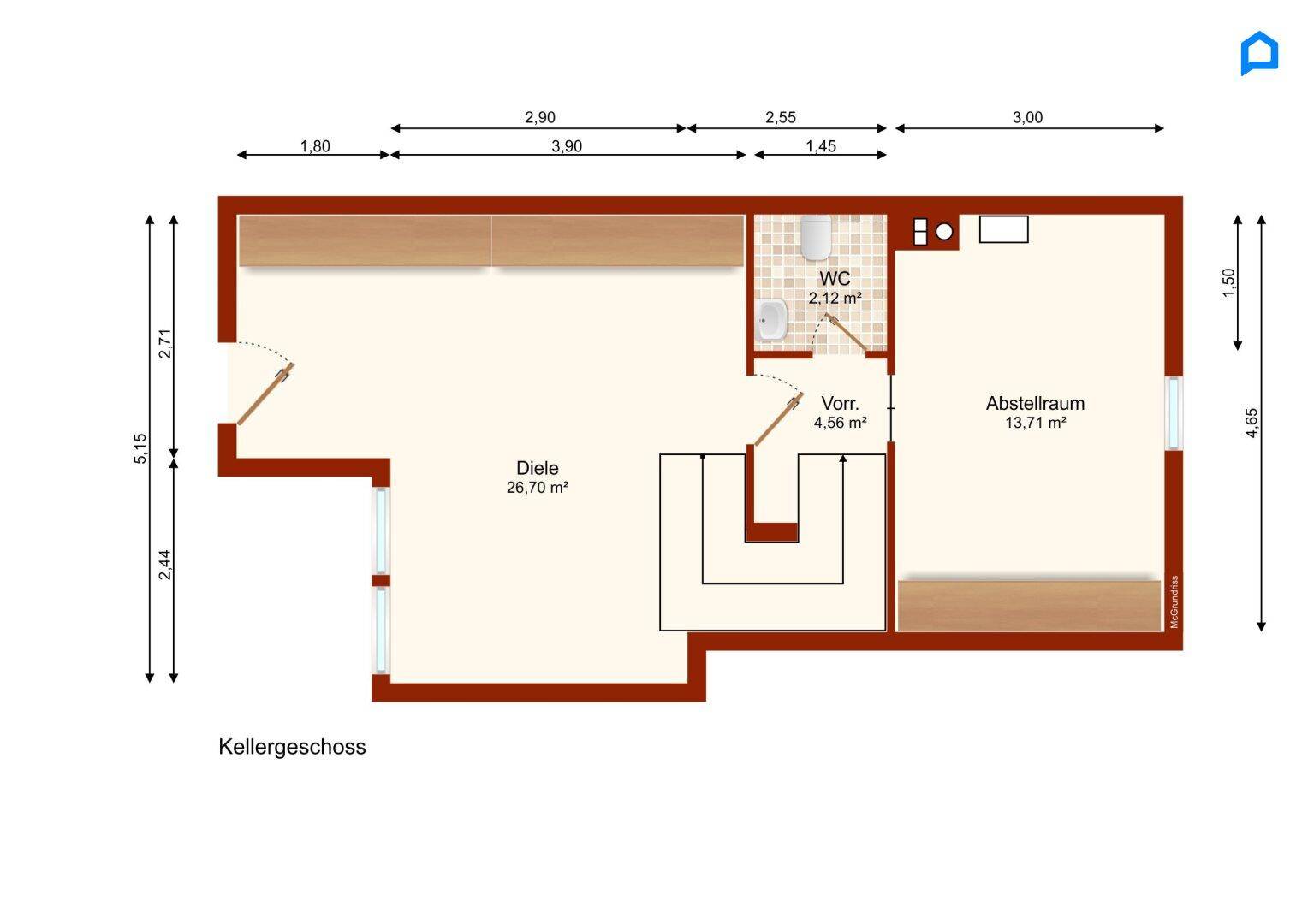 Grundriss des Kellergeschosses mit Diele, WC und Abstellraum.