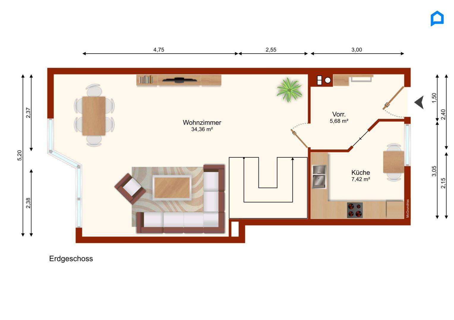 Grundriss des Erdgeschosses mit Wohnzimmer, Küche und Essbereich.