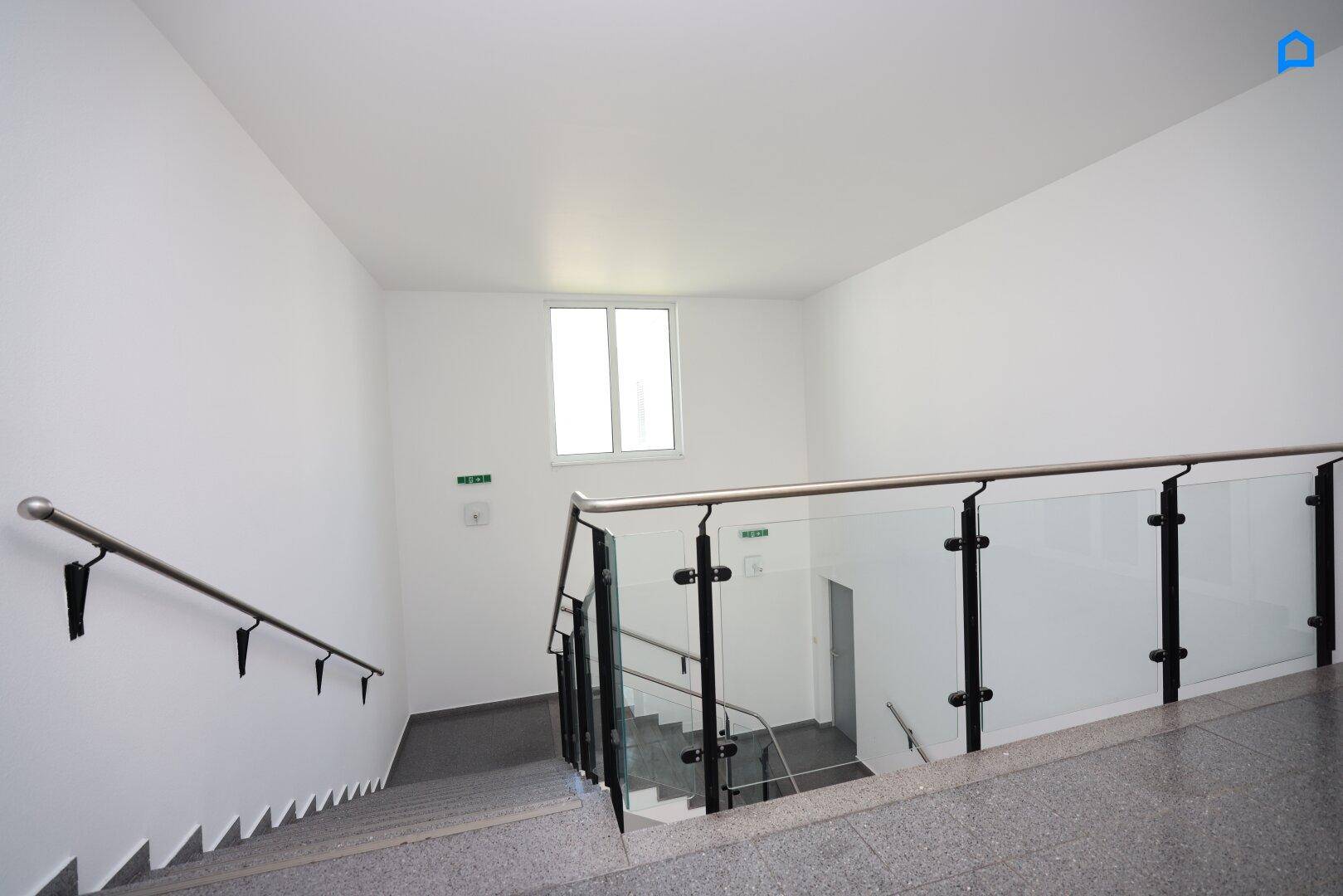Treppenhaus mit modernem Glasgeländer und natürlichem Lichteinfall von oben.