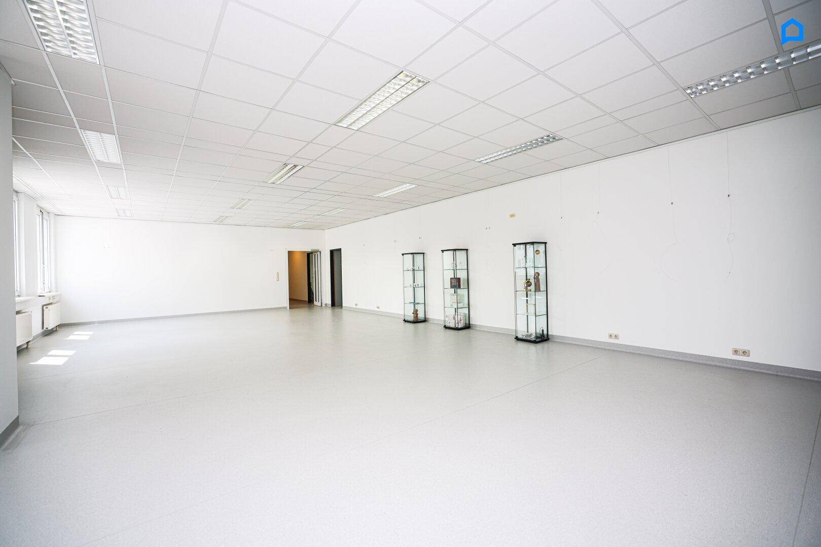 Geräumiger, leerer Bürobereich mit drei Vitrinen und viel ungenutzter Fläche.