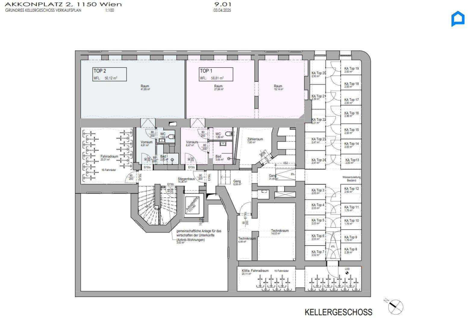 Grundriss des Kellergeschosses mit Abstellräumen, Fahrradraum und Technikbereichen.