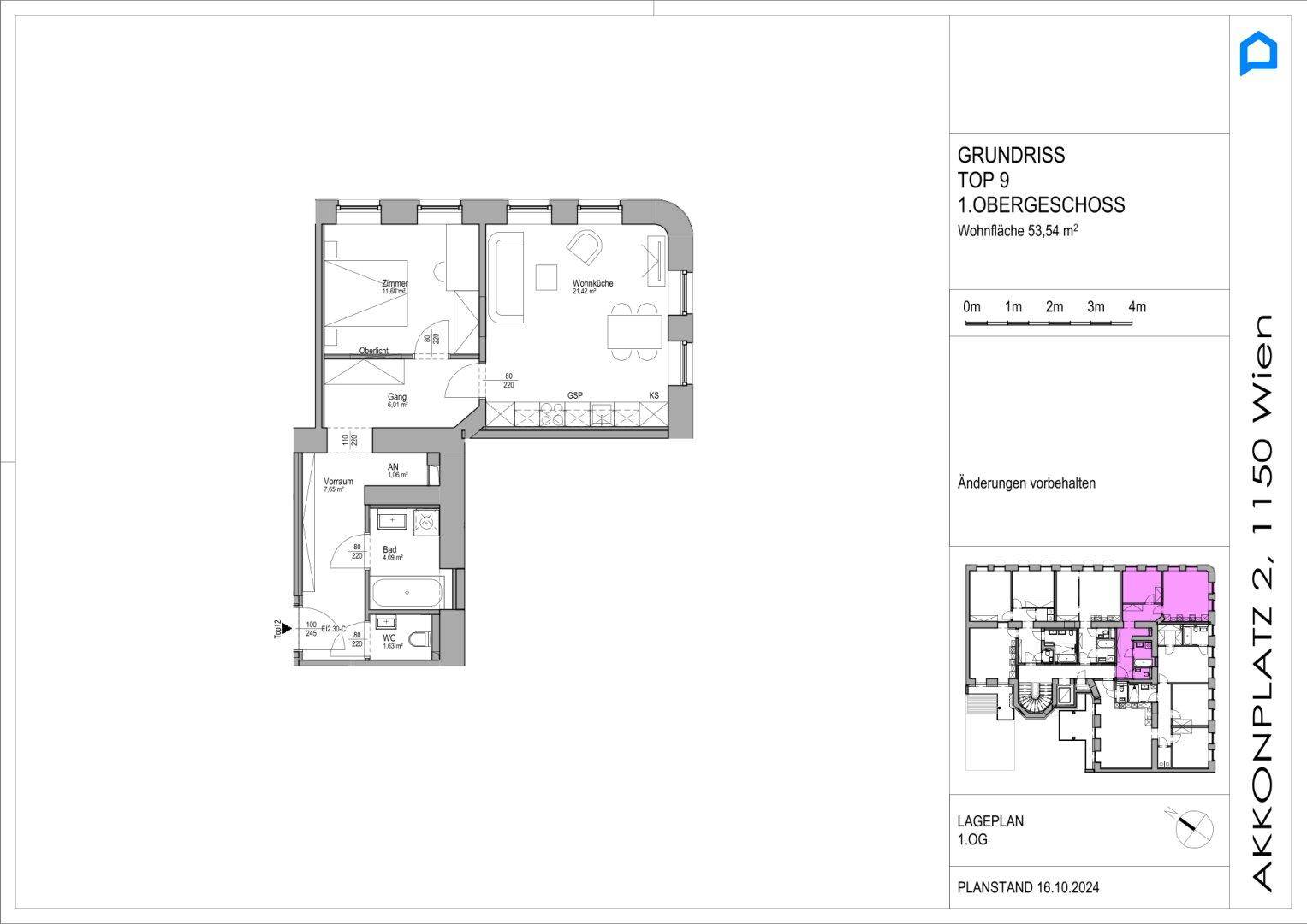 Grundriss für Obergeschosswohnung Top 9 mit offener Wohnküche, Schlafzimmer und Bad.