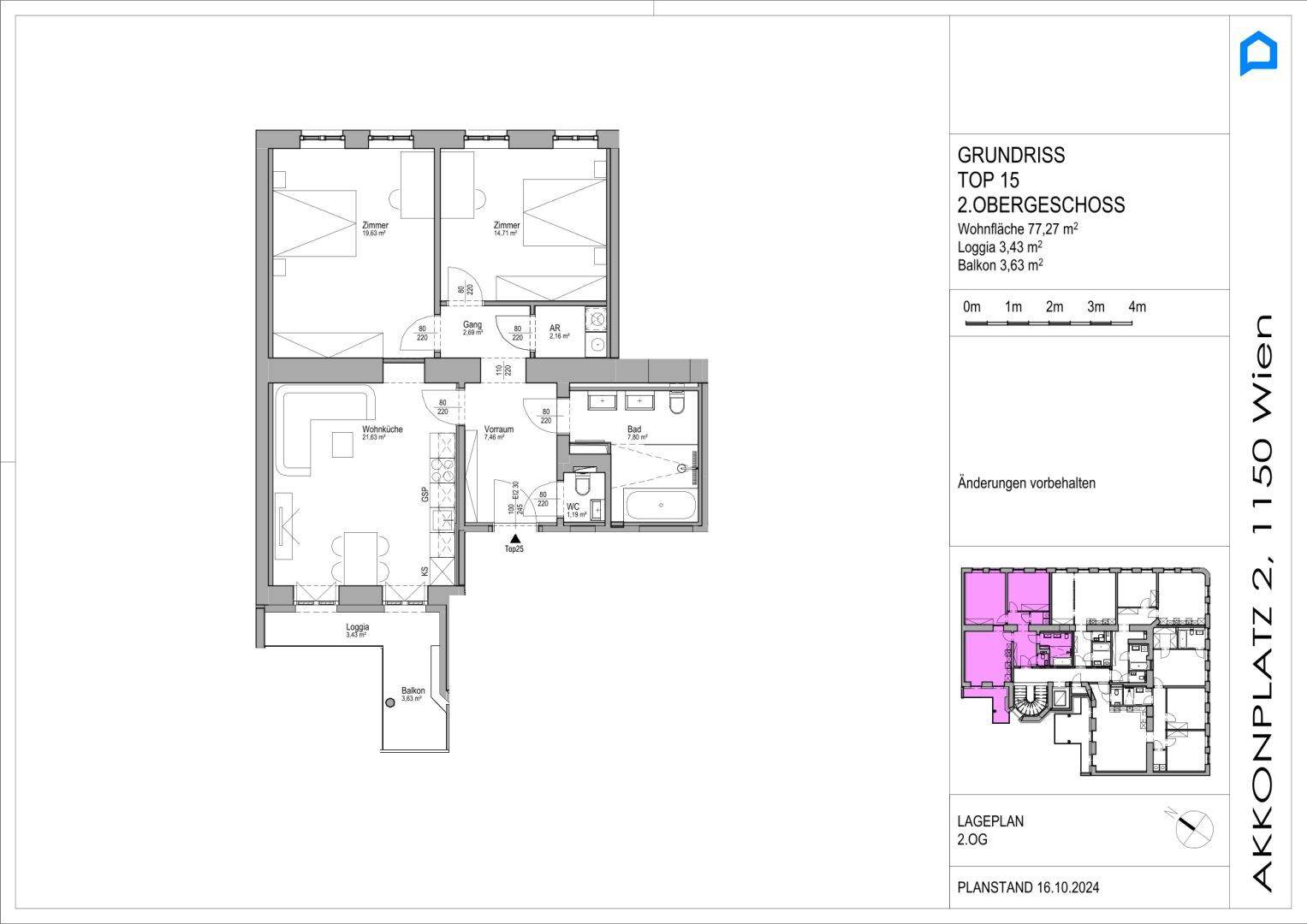 Grundriss für Obergeschosswohnung Top 15 mit Wohnküche, zwei Schlafzimmern, Loggia und Balkon.