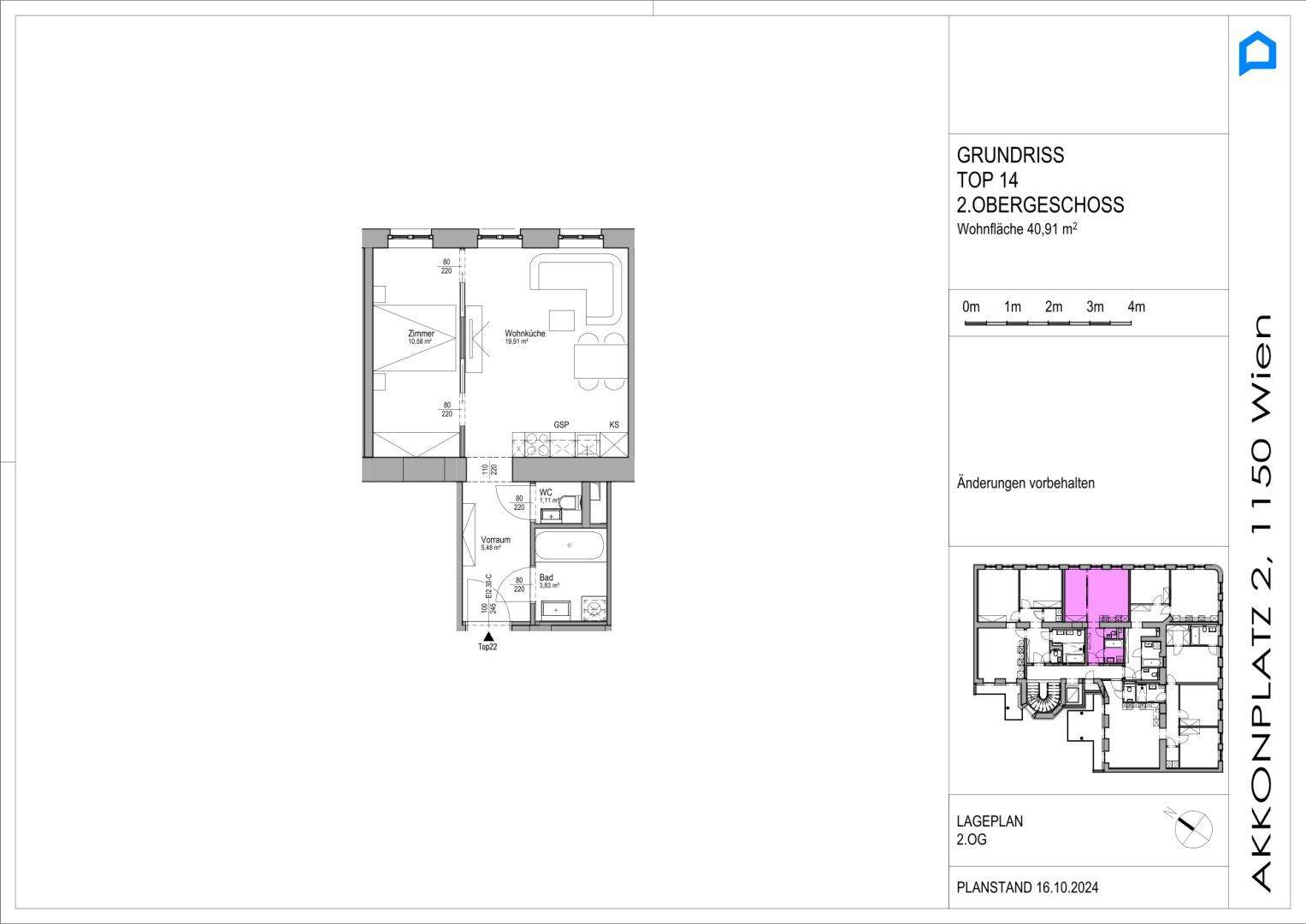 Grundriss für Obergeschosswohnung Top 14 mit offener Wohnküche, Schlafzimmer und Bad.
