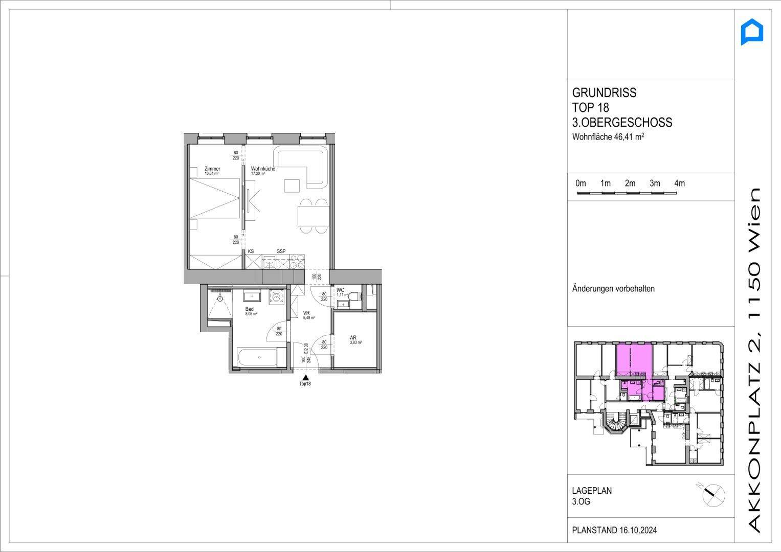 Grundriss für Obergeschosswohnung Top 18 mit offener Wohnküche, Schlafzimmer und Bad.