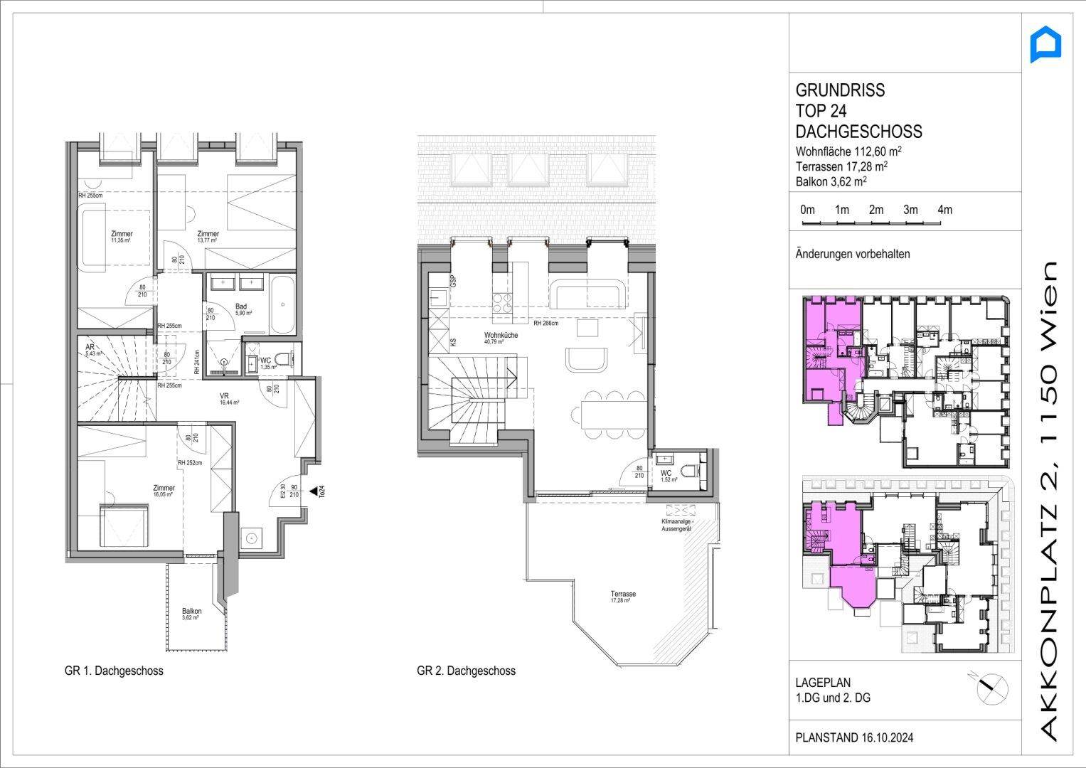 Grundriss einer Maisonette-Wohnung über zwei Etagen mit Balkon, Terrasse und mehreren Bädern.