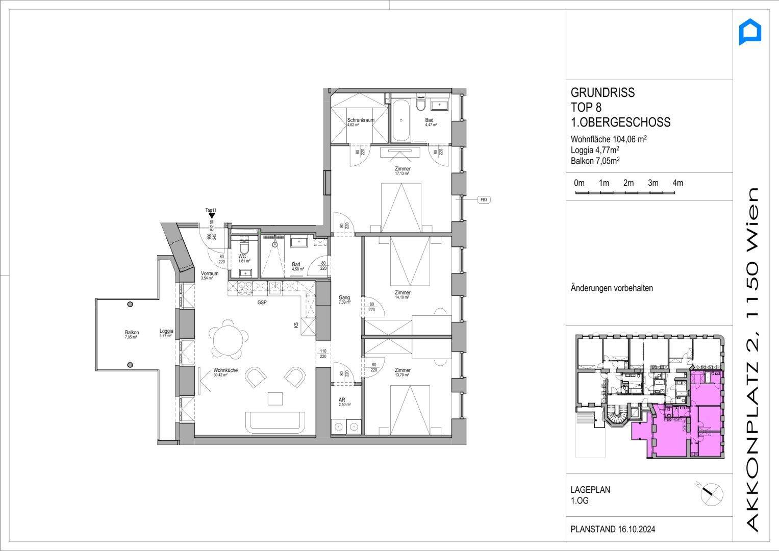 Grundriss für Obergeschosswohnung Top 8 mit Wohnküche, zwei Schlafzimmern, Loggia und Balkon.
