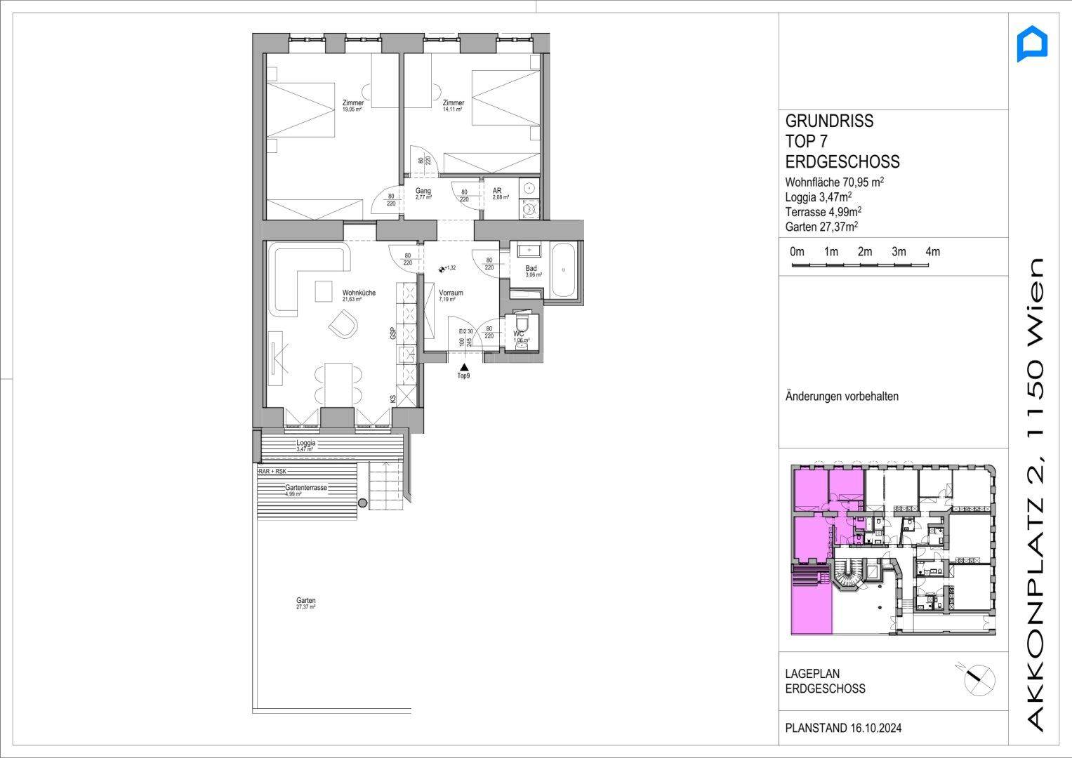 Grundriss für Erdgeschosswohnung Top 7 mit Wohnküche, zwei Schlafzimmern, Loggia, Terrasse und Garten.