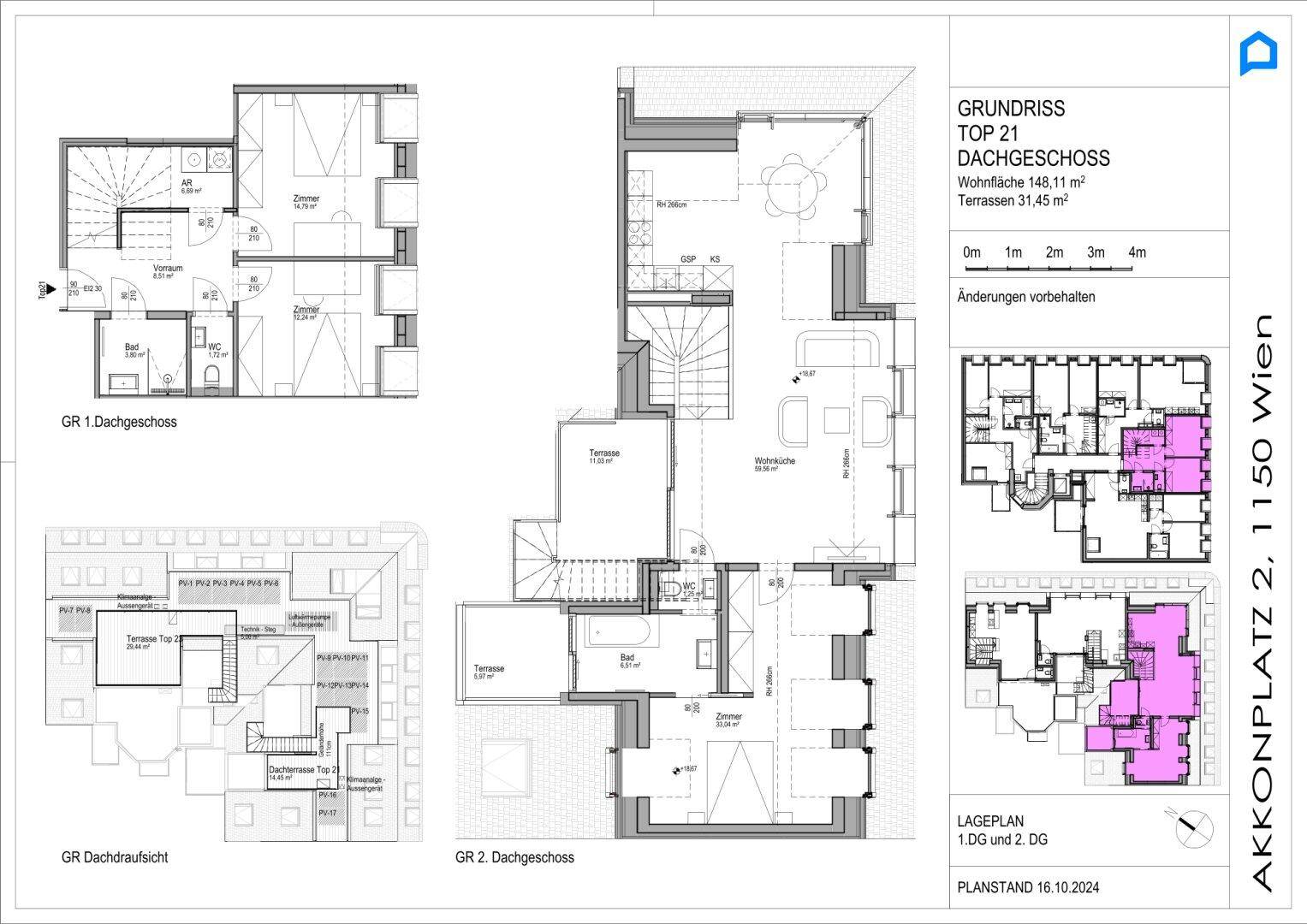 Detaillierter Grundriss der Dachgeschosswohnung Top 21 über zwei Ebenen mit mehreren Terrassen.