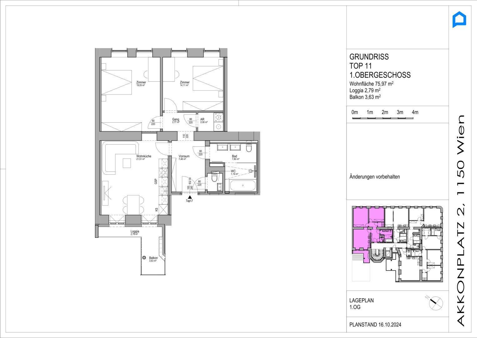 Grundriss für Obergeschosswohnung Top 11 mit Wohnküche, zwei Schlafzimmern, Loggia und Balkon.