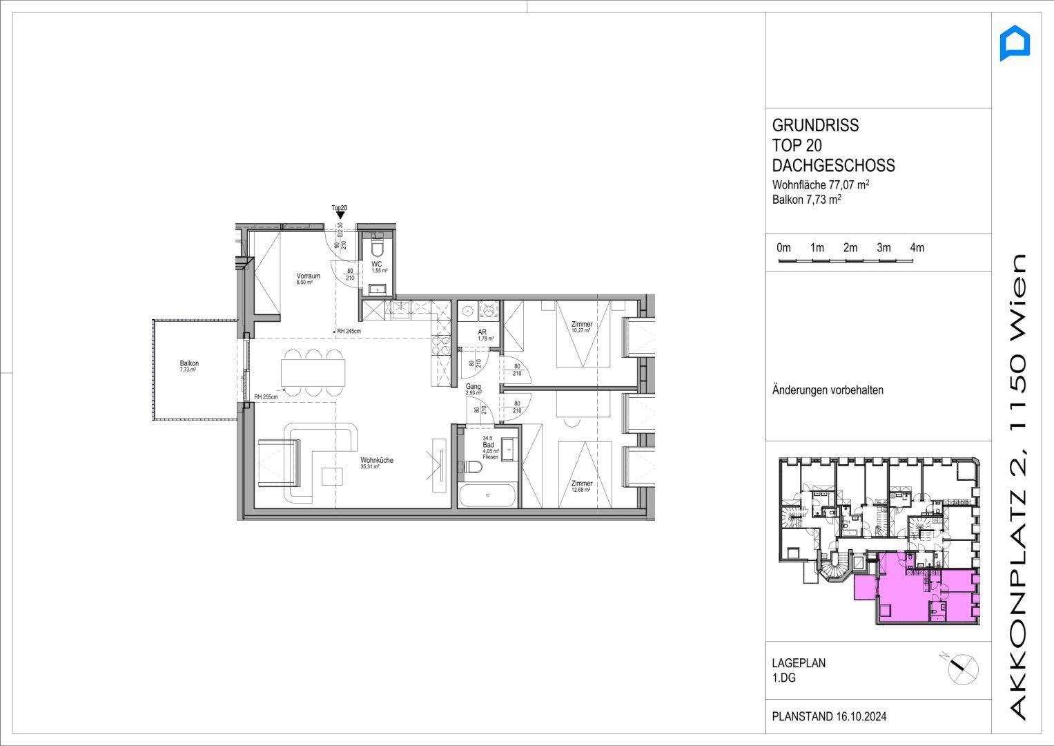 Grundriss für Dachgeschosswohnung Top 20 mit Wohnküche, zwei Schlafzimmern und Balkon.