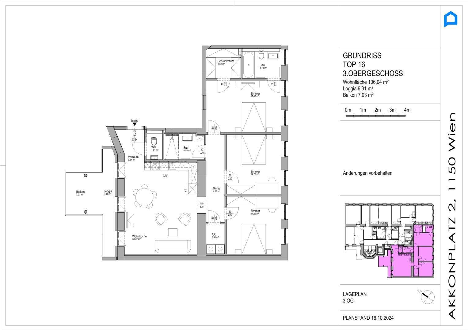 Grundriss für Obergeschosswohnung Top 16 mit Wohnküche, zwei Schlafzimmern, Loggia und Balkon.