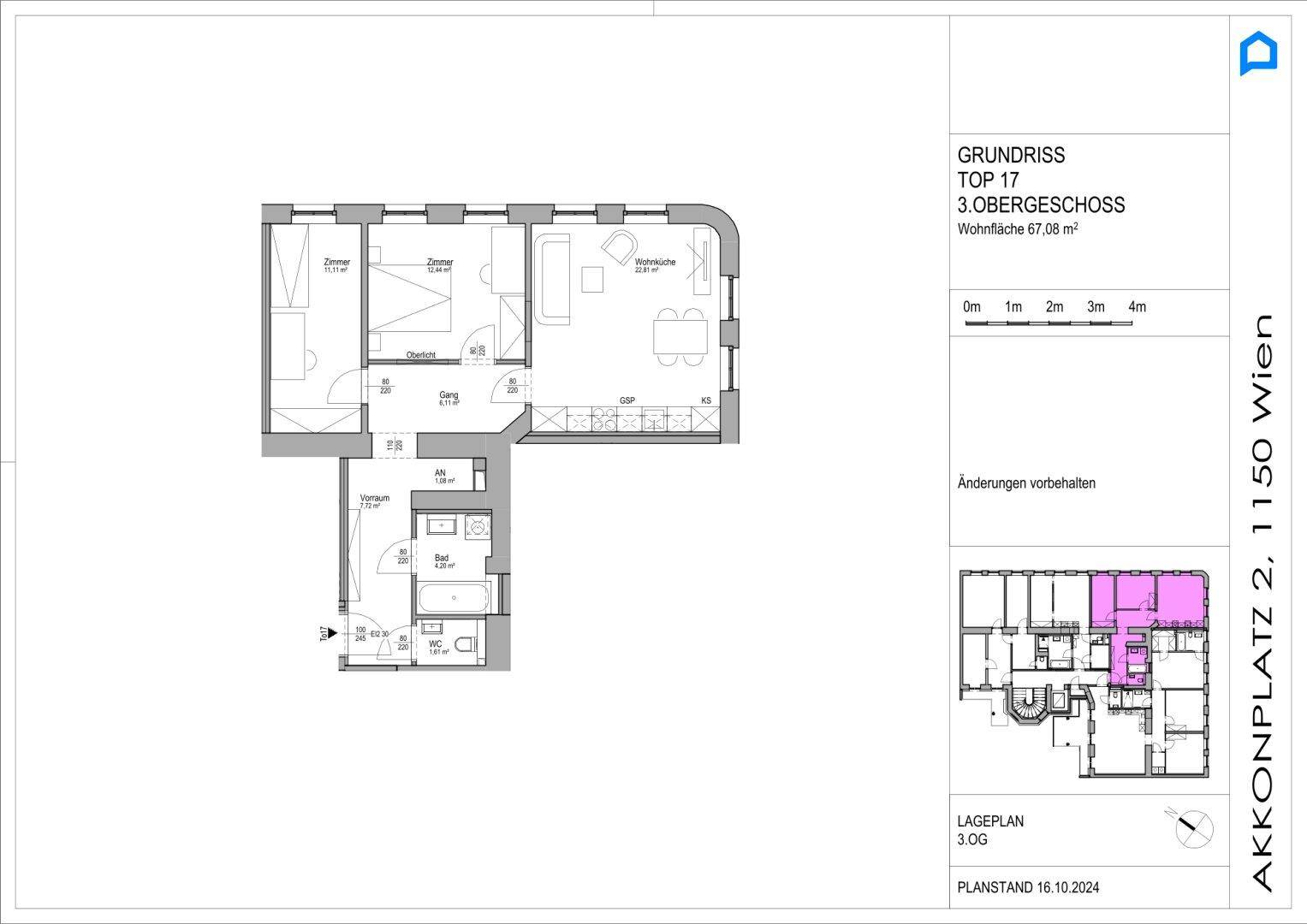 Grundriss für Obergeschosswohnung Top 17 mit offener Wohnküche, Schlafzimmer und Bad.