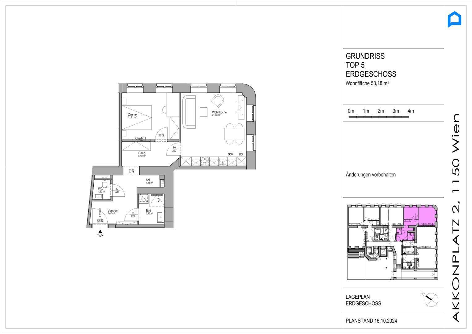 Grundriss für Erdgeschosswohnung Top 5 mit offener Wohnküche, Schlafzimmer und Bad.