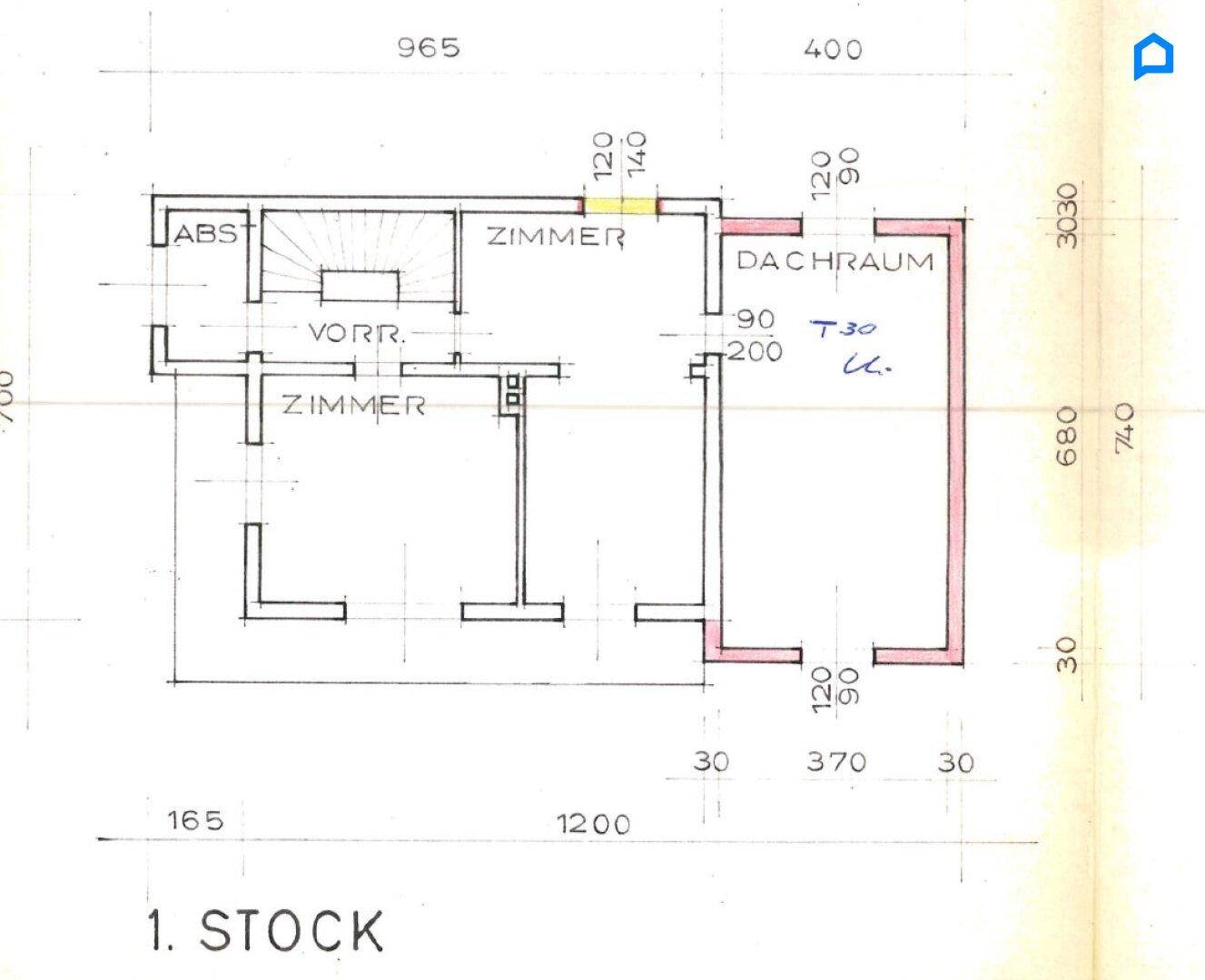 Grundriss des ersten Stocks mit zwei Zimmern, Abstellraum und einem Dachraum.