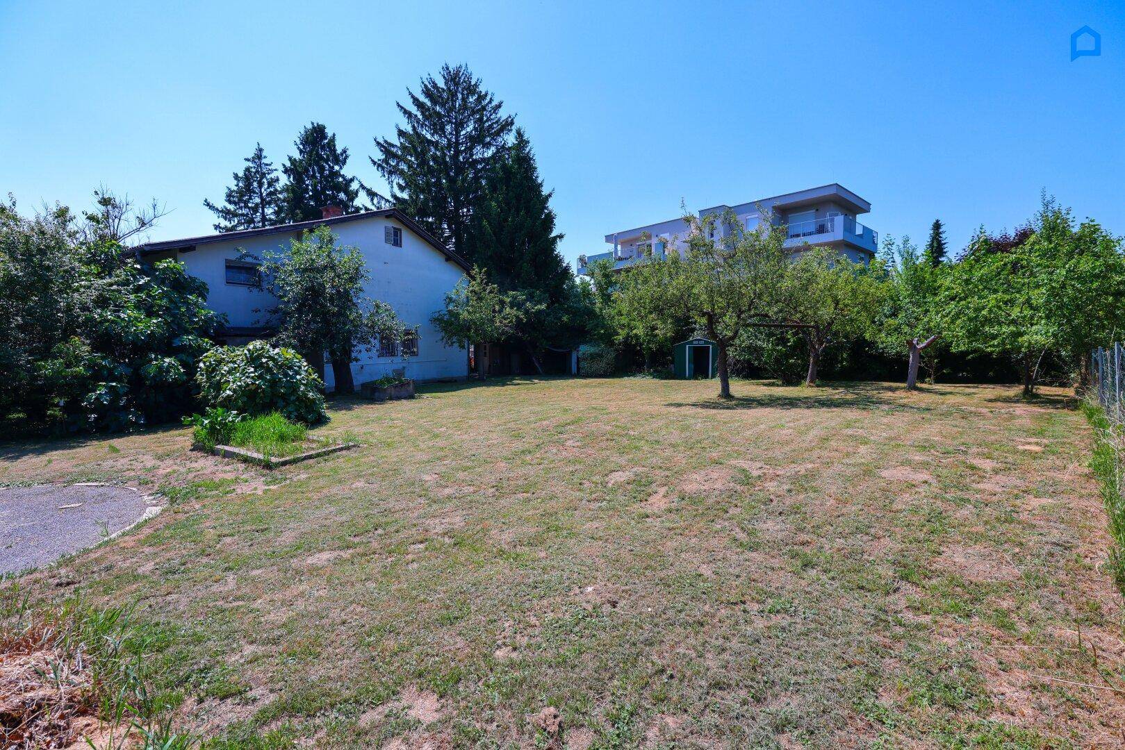 Offener Gartenbereich mit Rasen, Obstbäumen und Blick auf ein entferntes Gebäude.