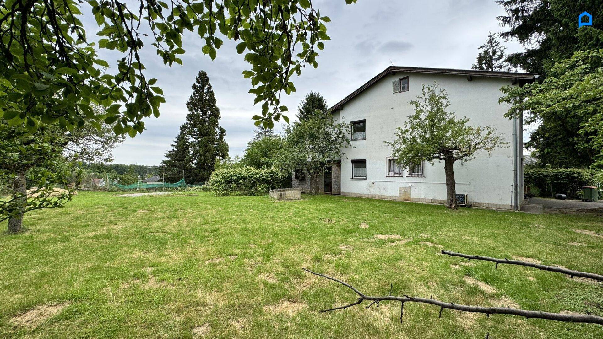 Großer Gartenbereich mit Rasenfläche und alten Bäumen neben dem Wohnhaus.