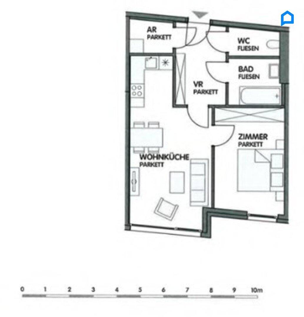 Grundriss einer Wohnung mit Wohnküche, Schlafzimmer, Bad und separatem WC.