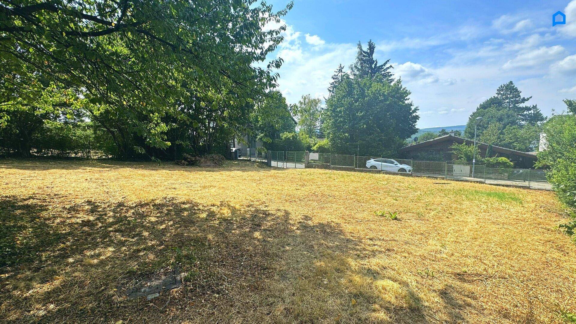 Sonniger Gartenbereich mit Schatten spendenden Bäumen und weitem Blick in die Landschaft.