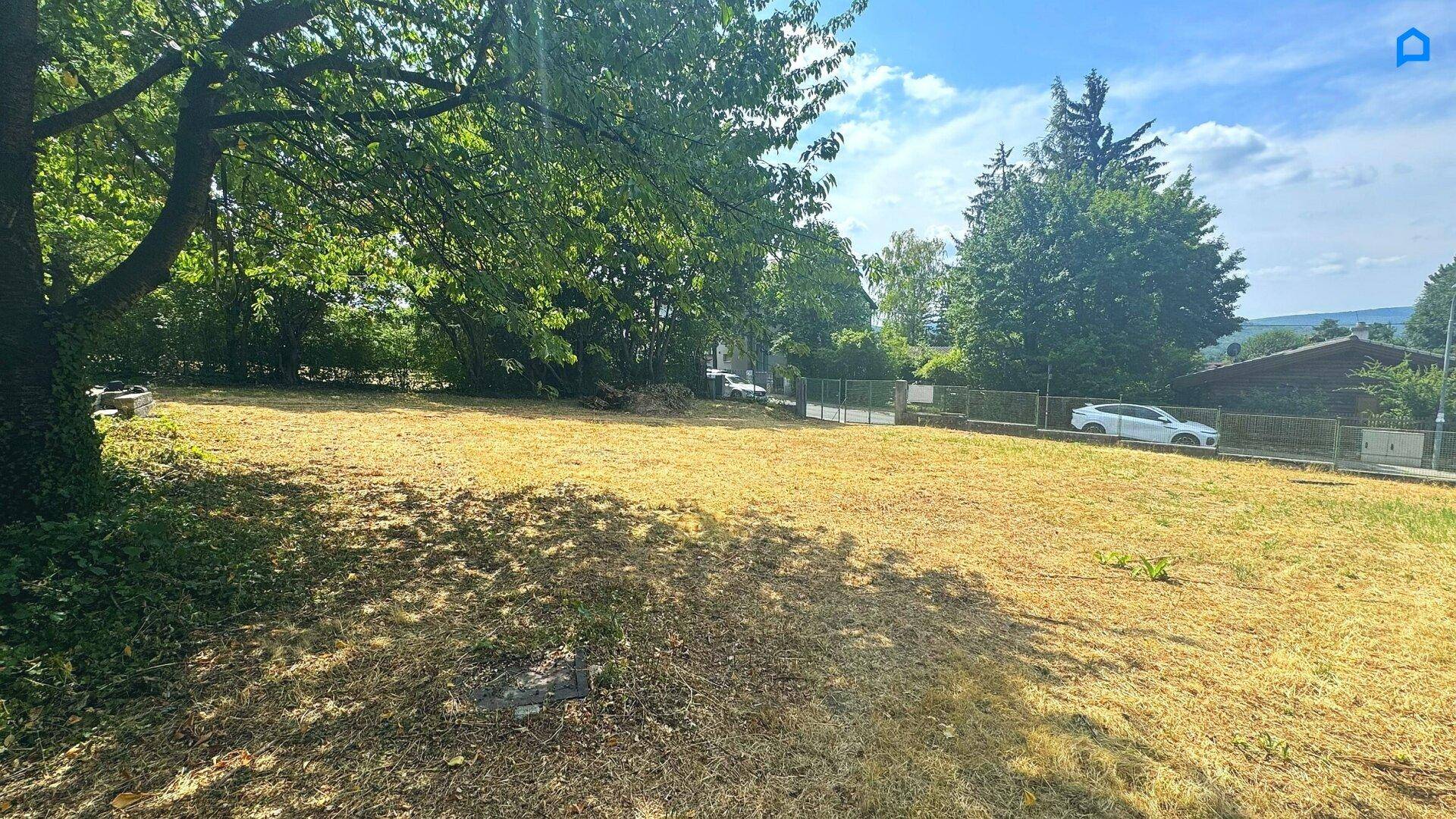Sonniger Gartenbereich mit Schatten spendenden Bäumen und weitem Blick in die Landschaft.
