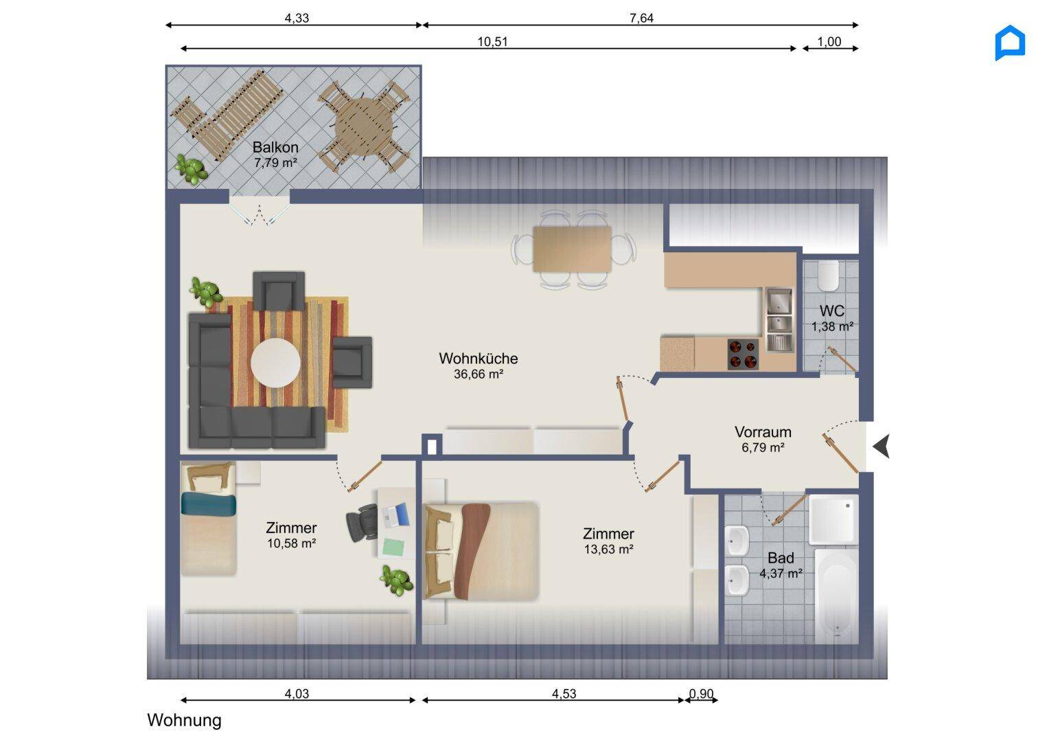 Grundriss einer Wohnung mit offenem Wohn- und Küchenbereich, zwei Zimmern, Bad, separatem WC und Balkon.