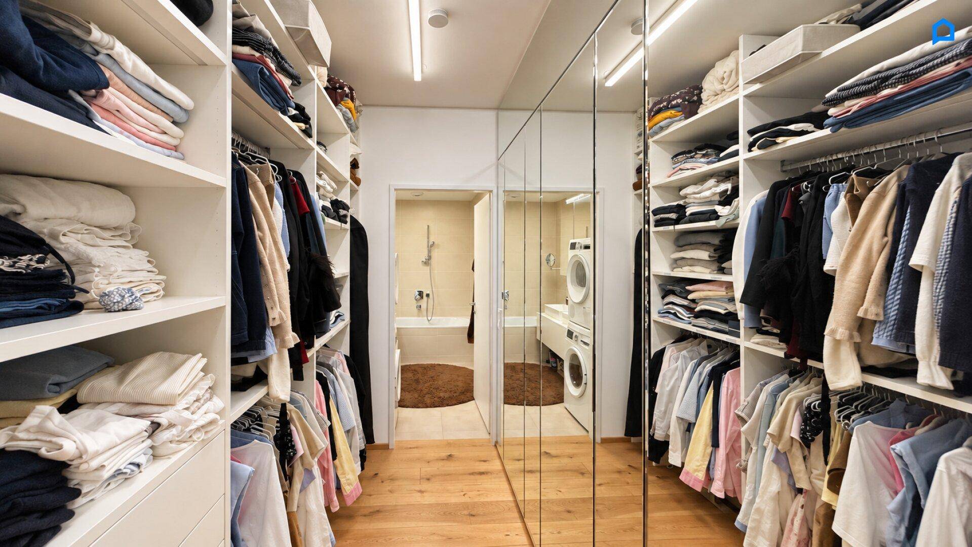 Geräumiger begehbarer Kleiderschrank mit viel Stauraum, Regalen und Spiegeltüren.