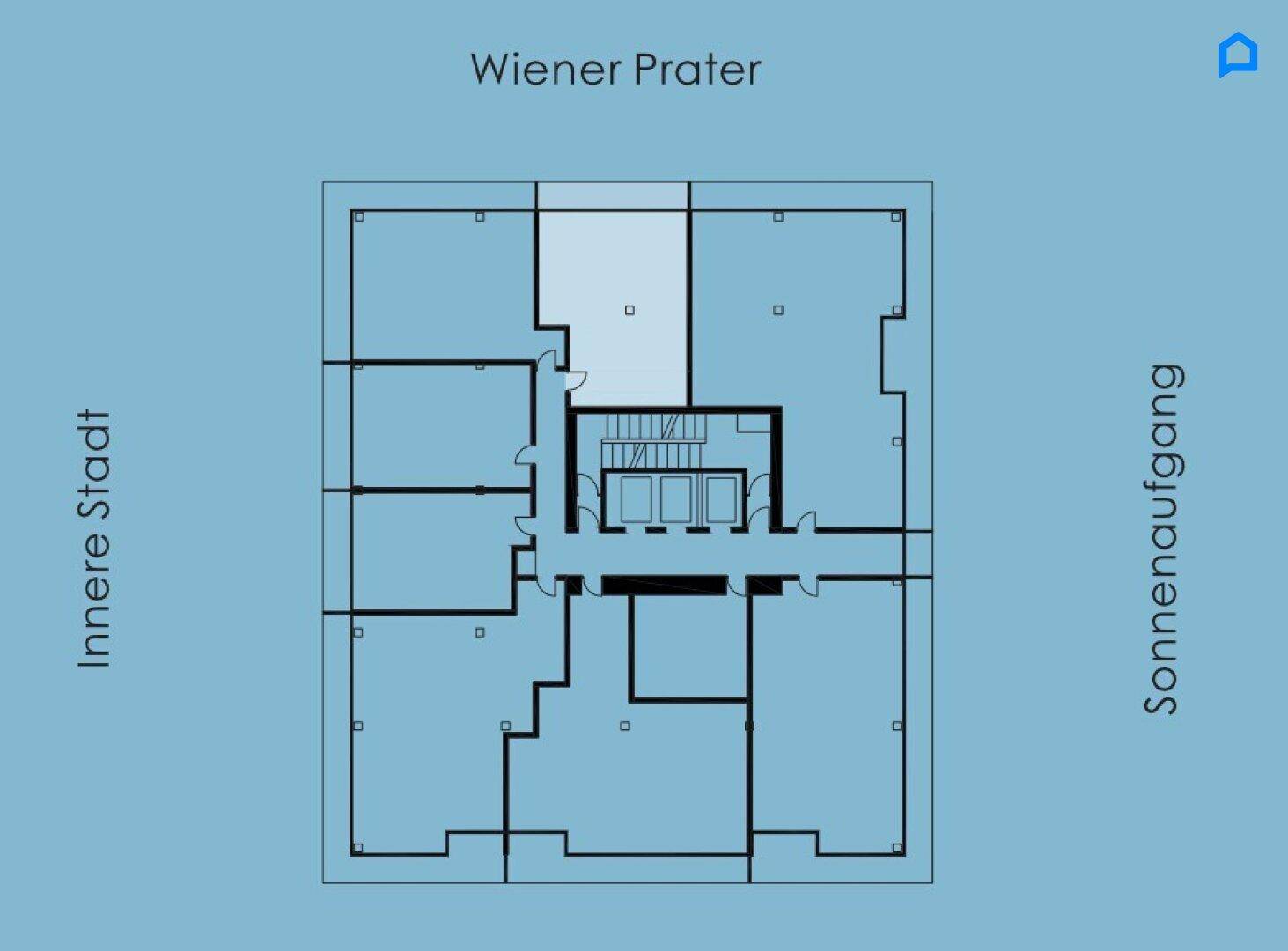 Übersichtlicher Grundriss einer Etage mit mehreren Wohneinheiten und zentralem Treppenhaus.