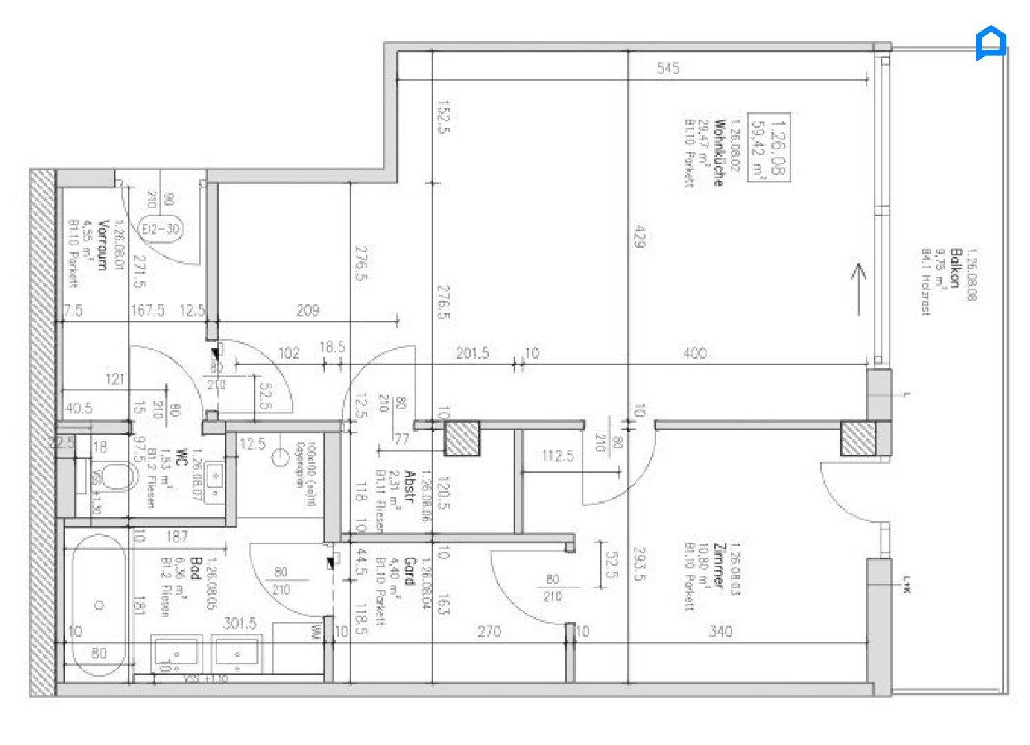 Detaillierter Grundriss einer Wohnung mit Wohnküche, Schlafzimmer und Balkon.