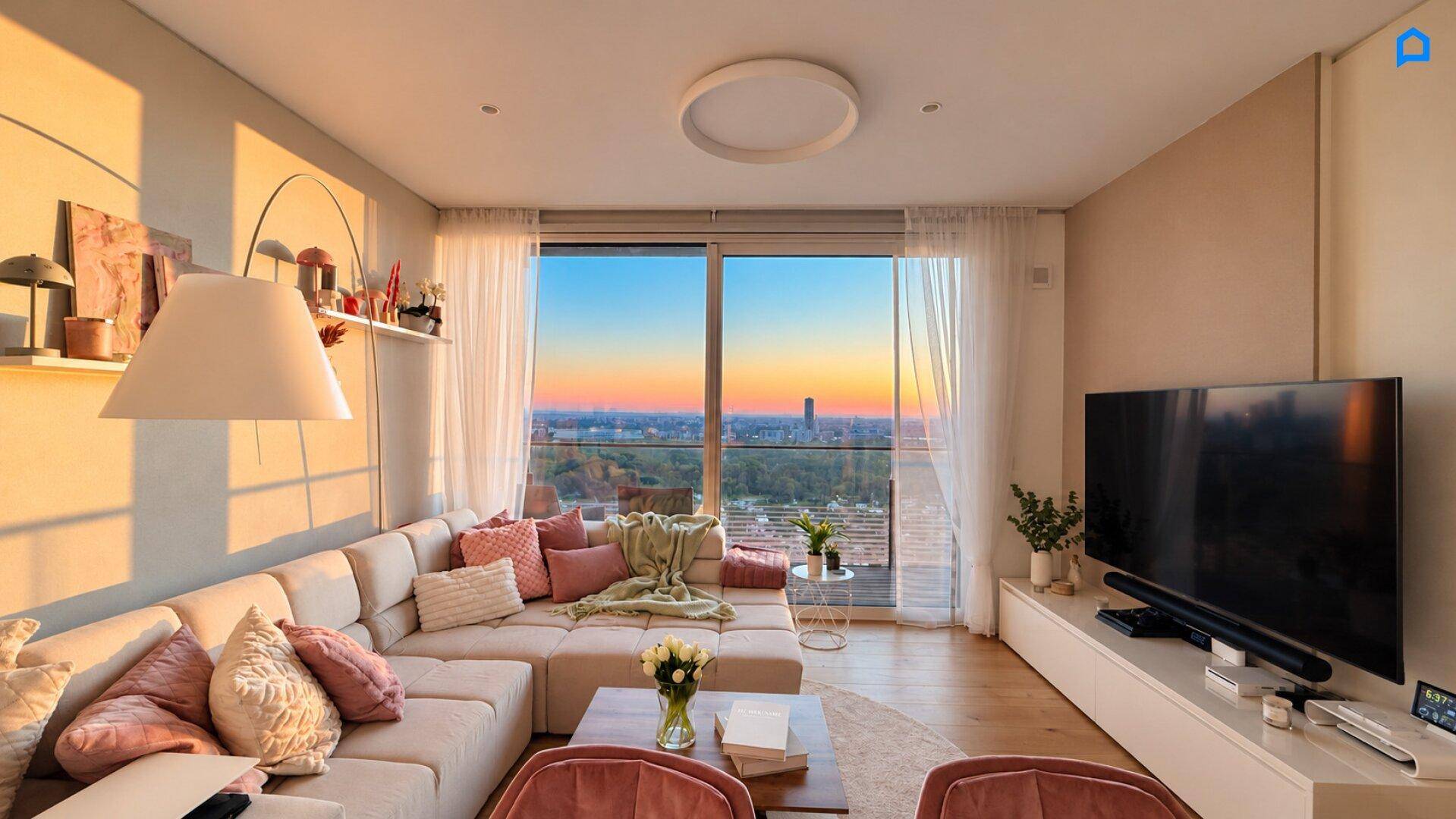 Gemütliches Wohnzimmer mit großem Sofa, Fernseher und weitem Blick auf die Stadt bei Sonnenuntergang.