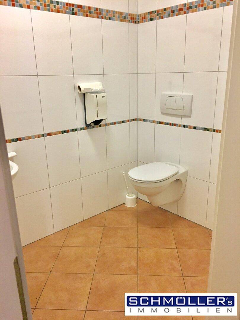 Helles WC mit weißen Fliesen, Terrakotta-Boden und farbiger Bordüre.