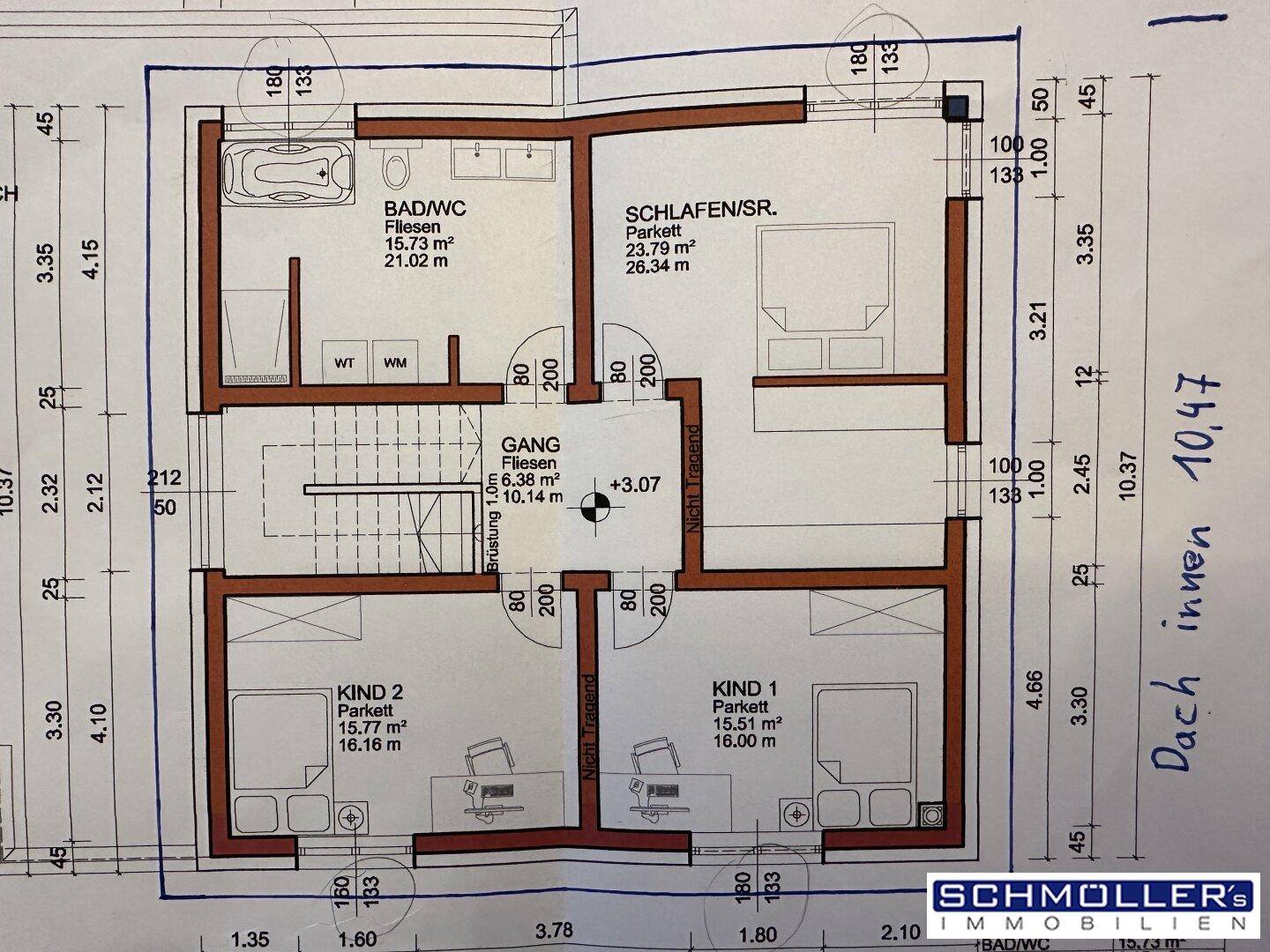 Detaillierter Grundriss des Obergeschosses mit Schlafzimmern und Bad/WC.