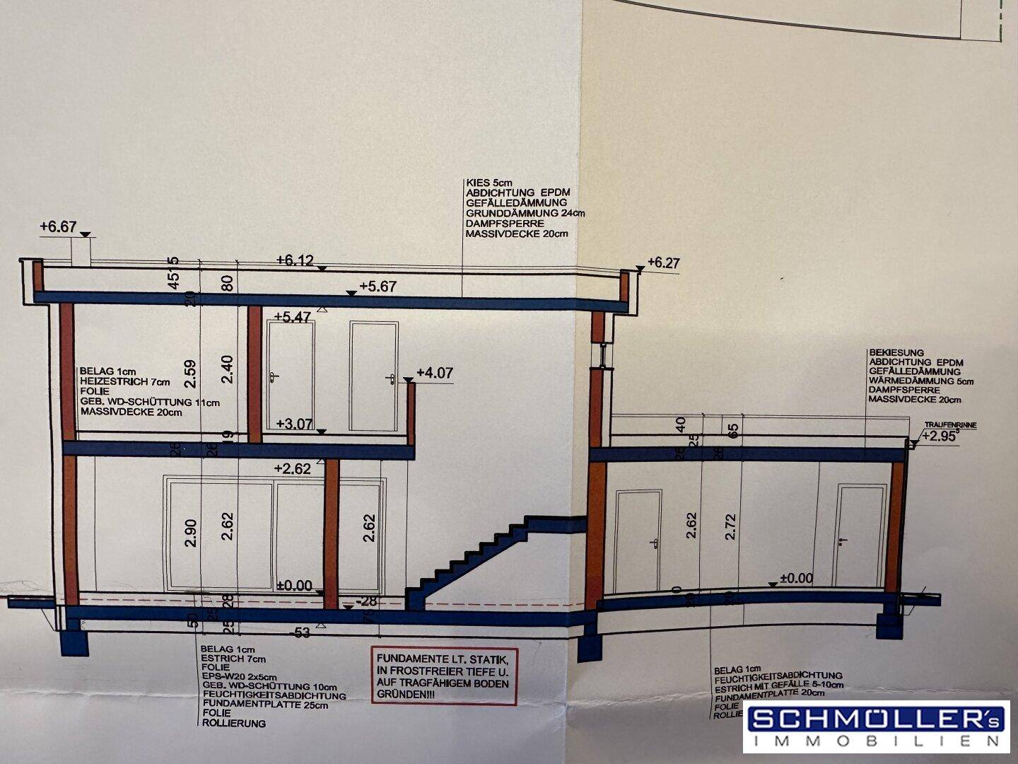 Gebäudeschnitt zeigt die Konstruktion und Höhen der einzelnen Stockwerke.
