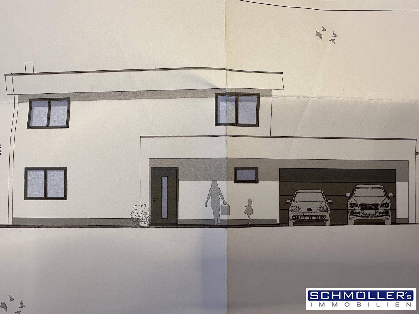Ansicht der Gebäudefassade von vorne mit Eingang und Garage.
