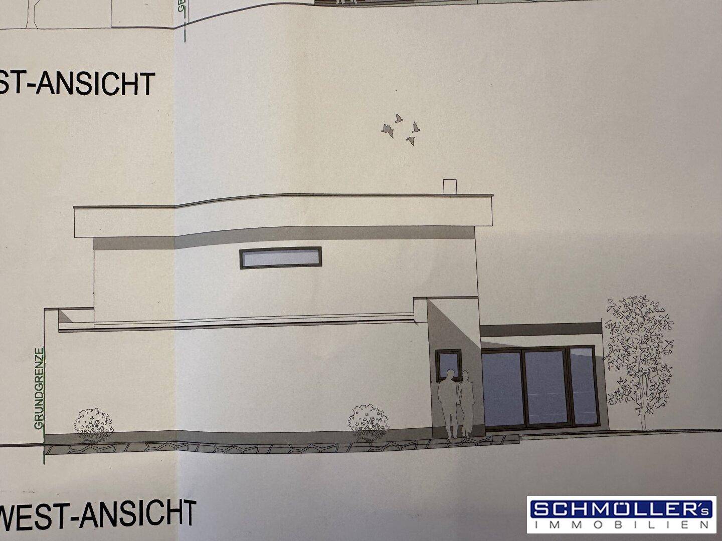 Seitenansicht der Immobilie mit minimalistischer Architektur und Fensterfront.