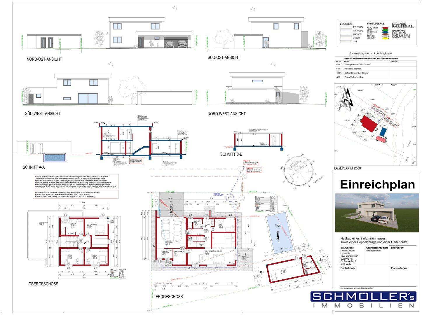 Umfassender Einreichplan mit verschiedenen Ansichten und Grundrissen des Gebäudes.