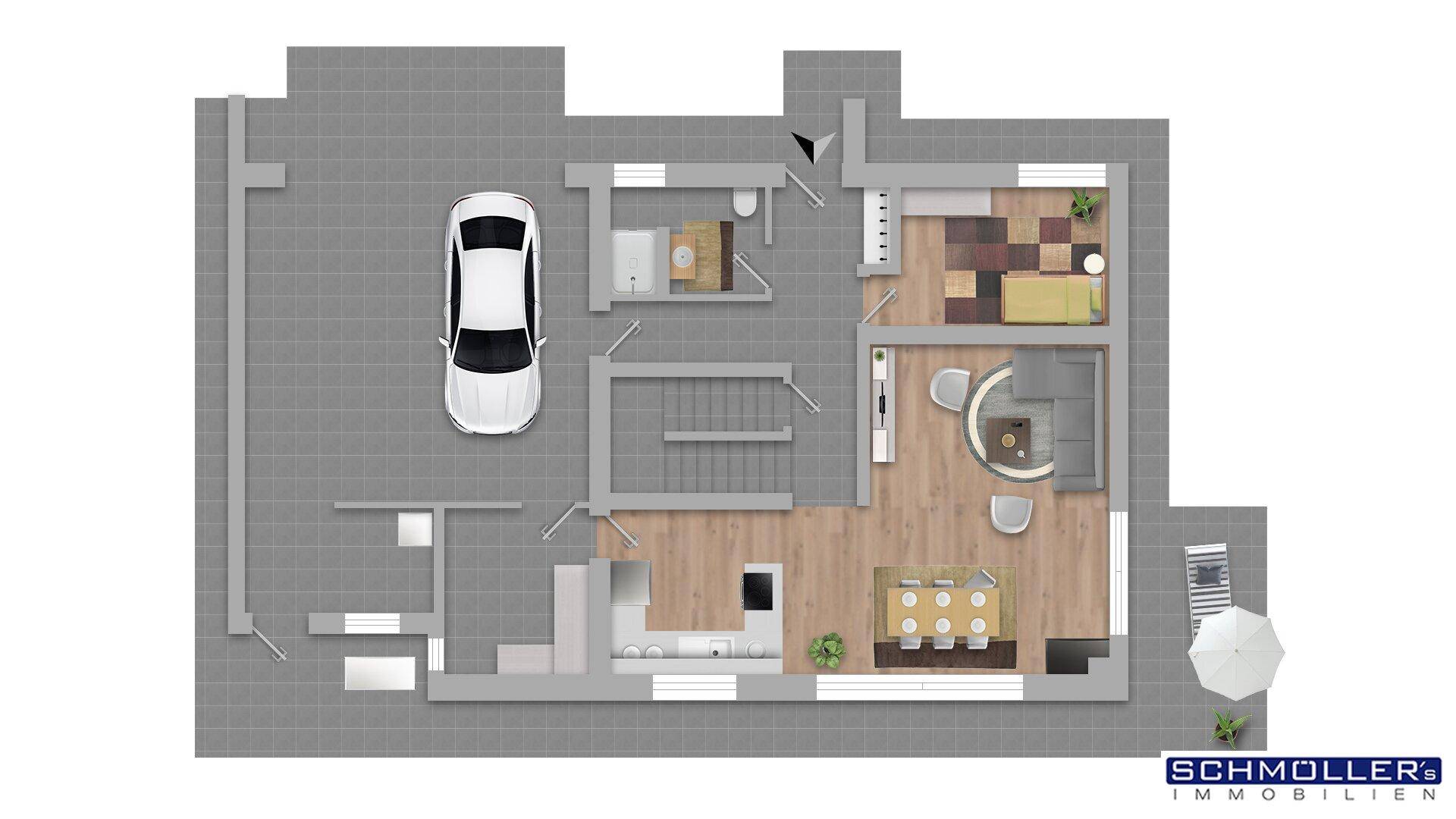 Grundriss des Erdgeschosses mit offenem Wohnbereich, Küche und Garage.