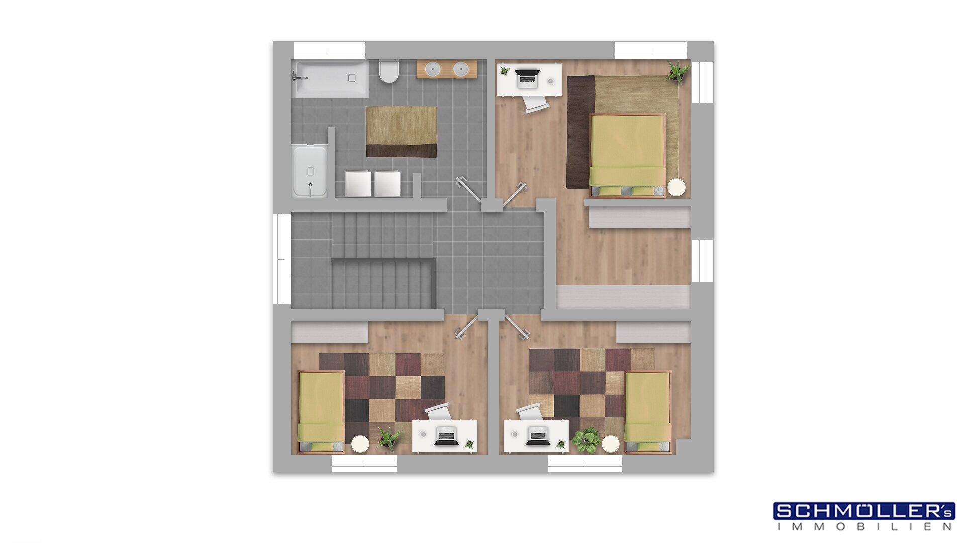 Grundriss des Obergeschosses mit drei Schlafzimmern und einem Badezimmer.