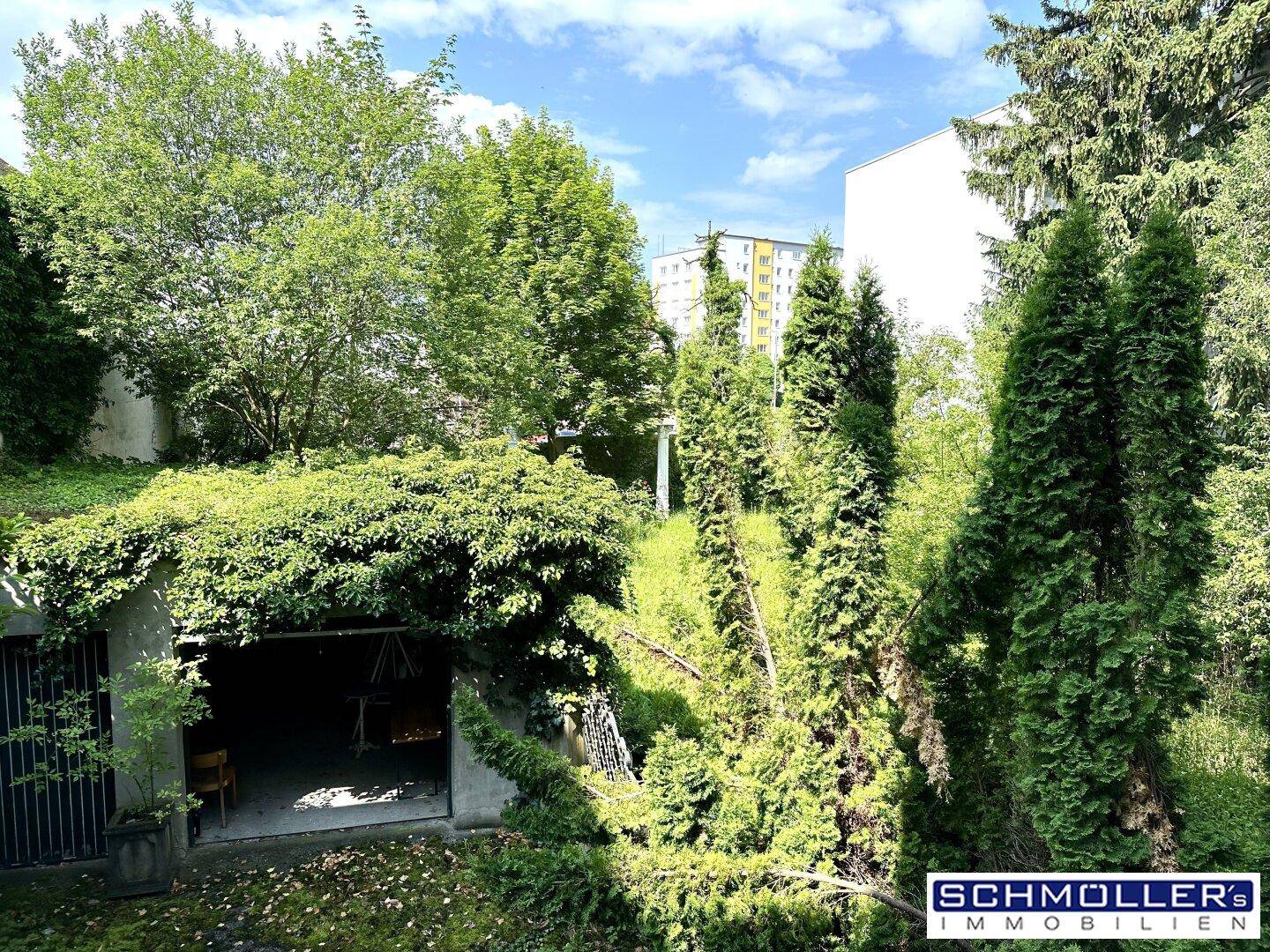 Üppig bewachsener Garten mit Nadelbäumen und einer überdachten Garage im Freien.