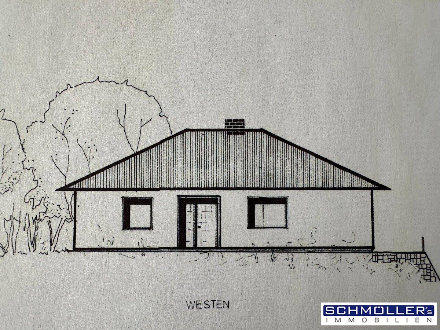 Architektonische Skizze der Westfassade eines Hauses mit Satteldach und Fenstern.