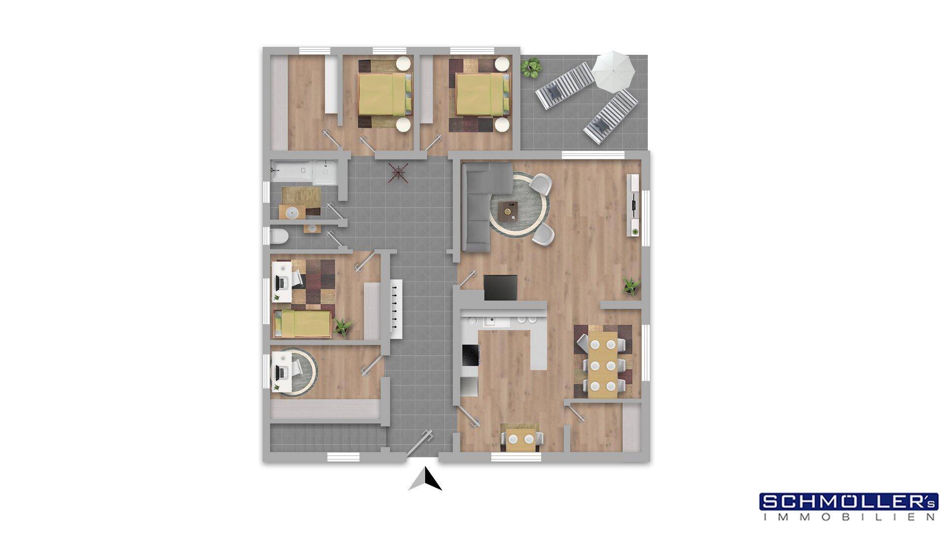 Detaillierter Grundriss einer Wohnung mit drei Schlafzimmern, offenem Wohnbereich und Terrasse.