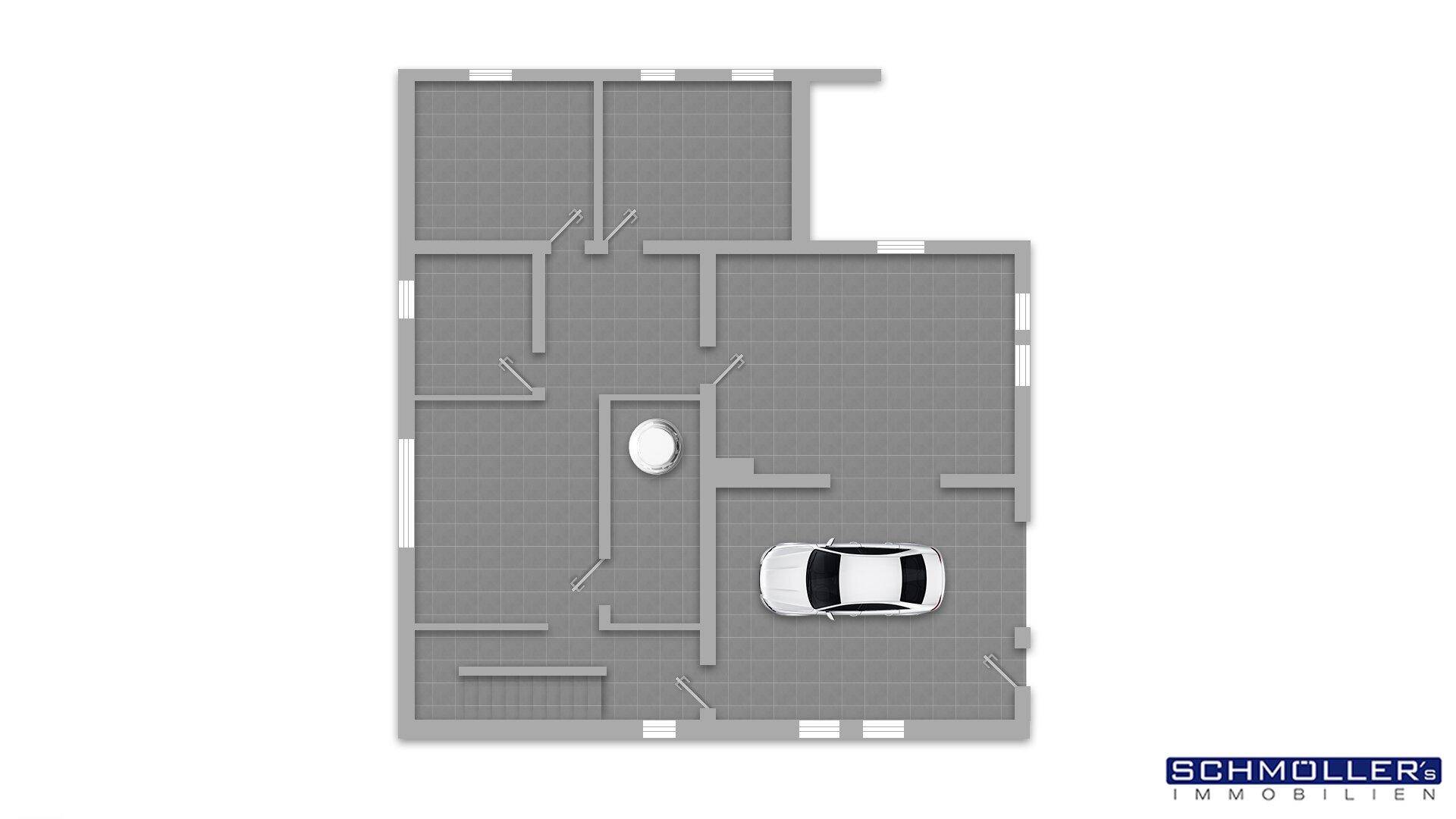 Grundriss des Untergeschosses mit integrierter Garage und weiteren Abstellräumen.