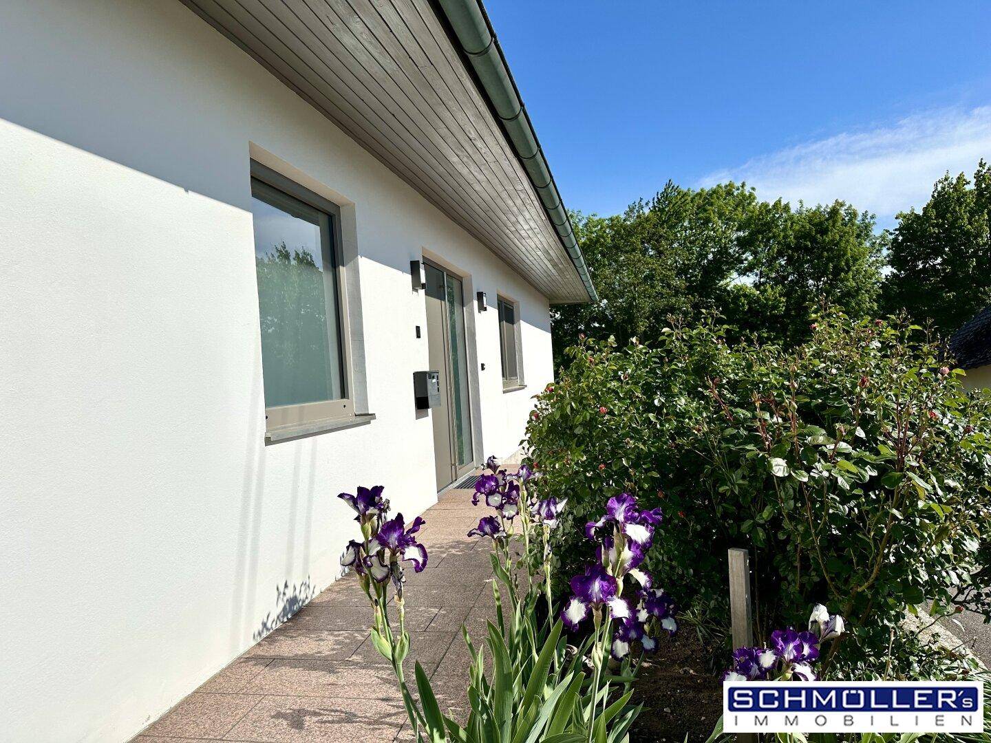 Eingangsbereich mit blühenden Iris und einem gepflasterten Weg entlang der hellen Hausfassade.