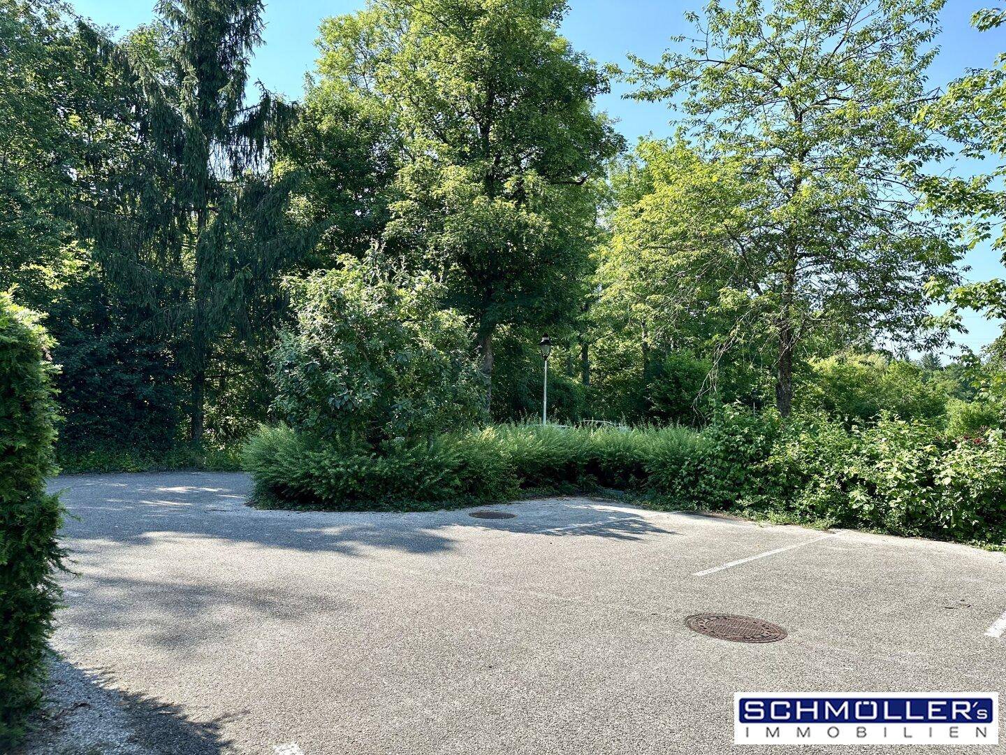 Großer asphaltierter Parkplatz umgeben von Bäumen und Sträuchern in grüner Umgebung.