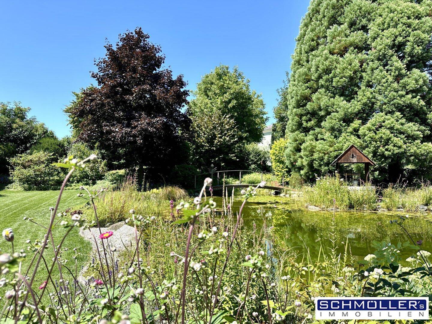 Idyllischer Gartenteich mit üppiger Vegetation, Bäumen und einer kleinen Holzbrücke im Hintergrund.