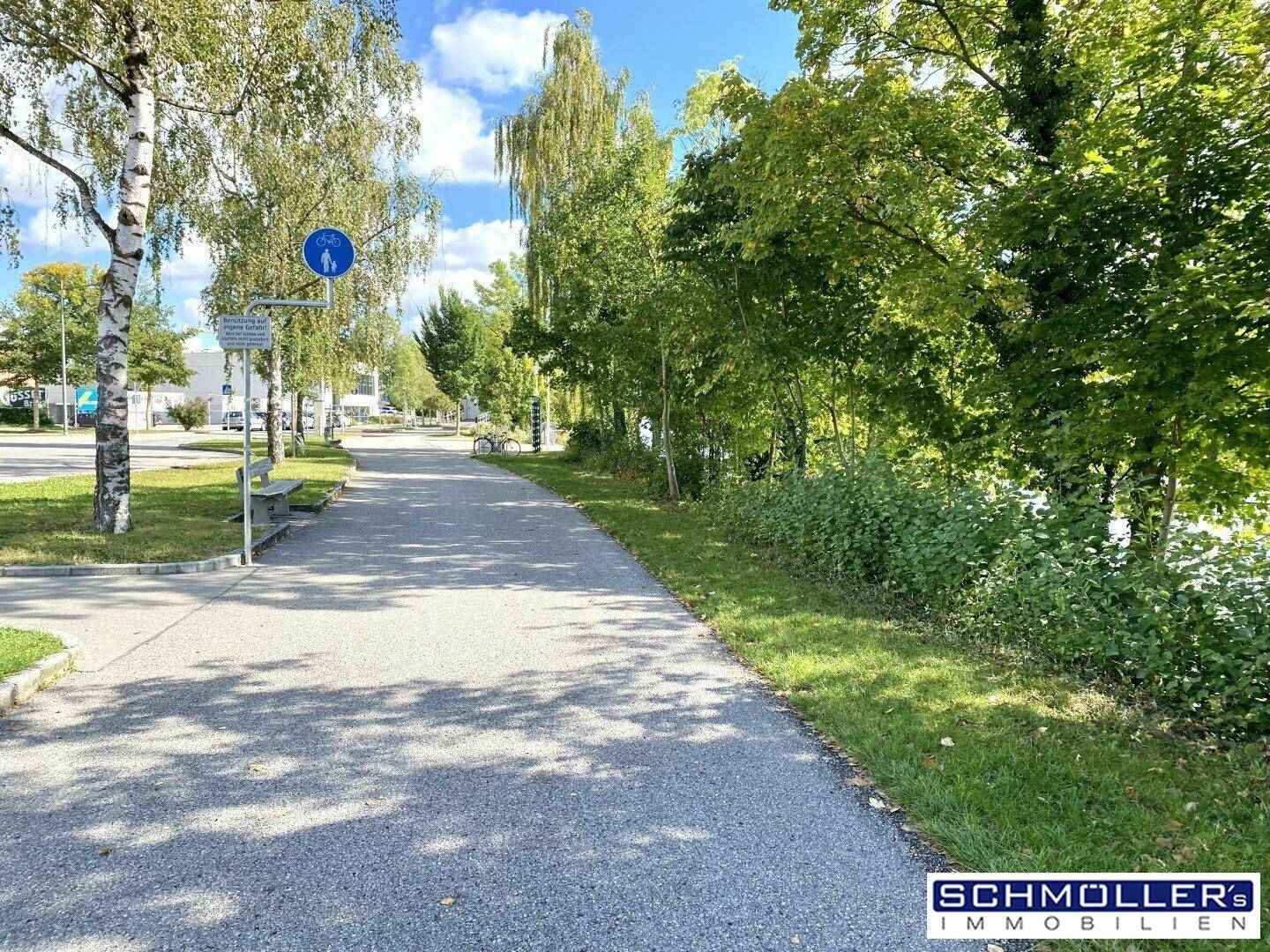 Ein asphaltierter Weg entlang eines Gewässers, gesäumt von Bäumen und Bänken an einem sonnigen Tag.