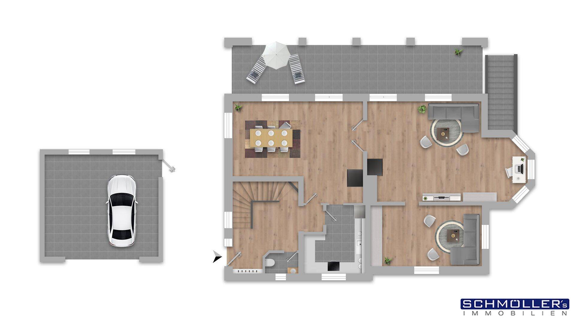 Farbiger Grundriss des Erdgeschosses mit offenem Wohnbereich, Esszimmer, Küche und separater Garage.
