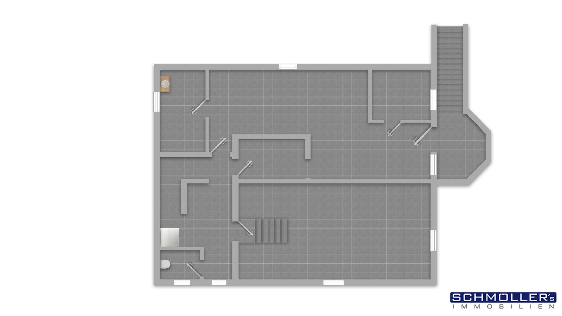 Farbiger Grundriss des Kellergeschosses mit verschiedenen Räumen und Treppenaufgang.