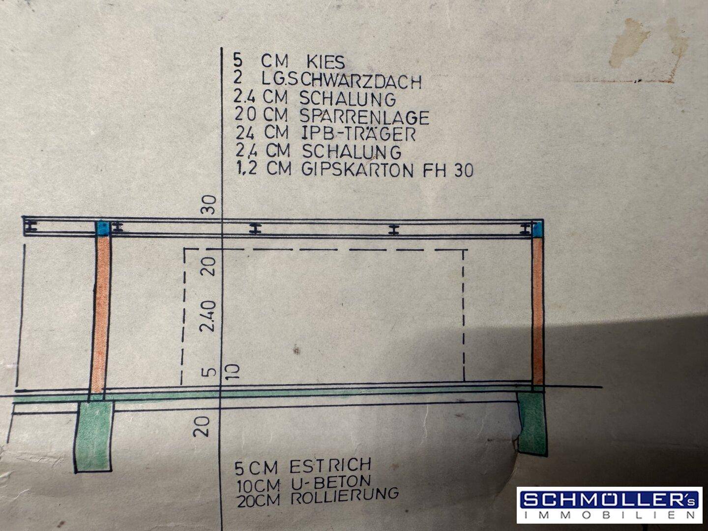 Detaillierte Schnittzeichnung der Dach- und Deckenkonstruktion mit Materialangaben.